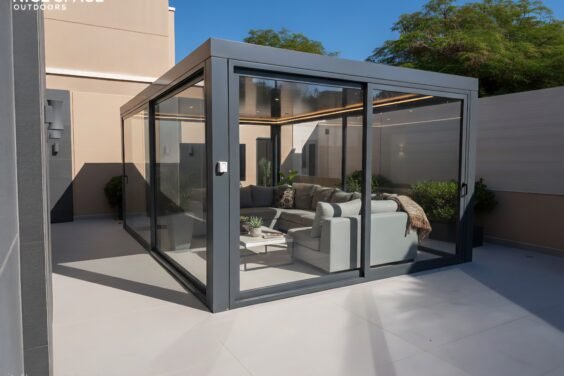 glass-enclosed aluminum pergola