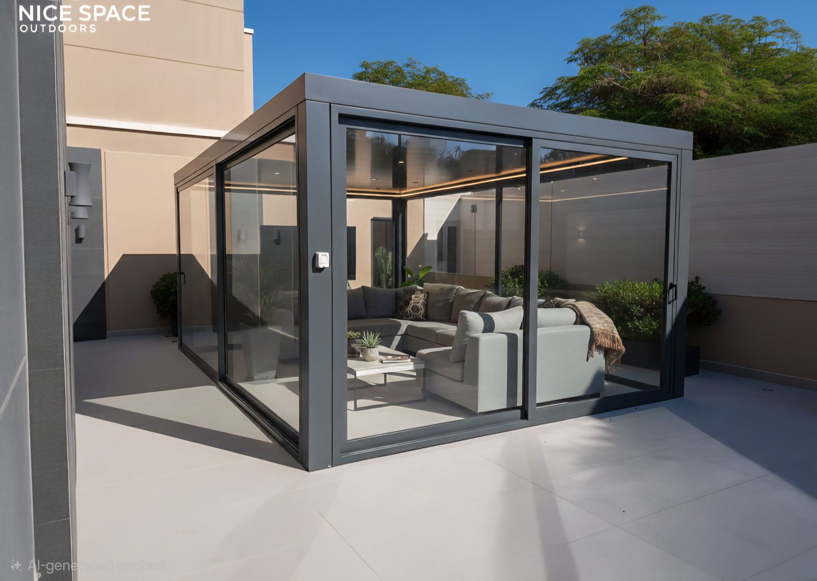 glass-enclosed aluminum pergola